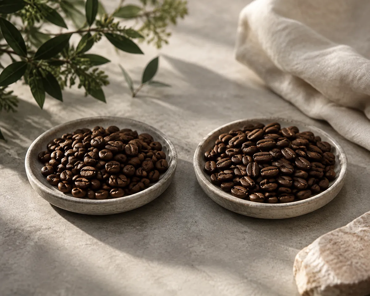 Two dishes of roasted coffee beans side by side, the left rounder with a straight centre crease and the right longer with an S-shaped crease