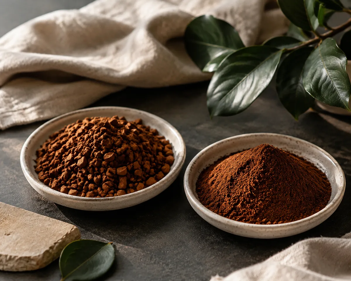 Irregular dark freeze-dried coffee granules in a small dish beside a heap of fine spray-dried powder