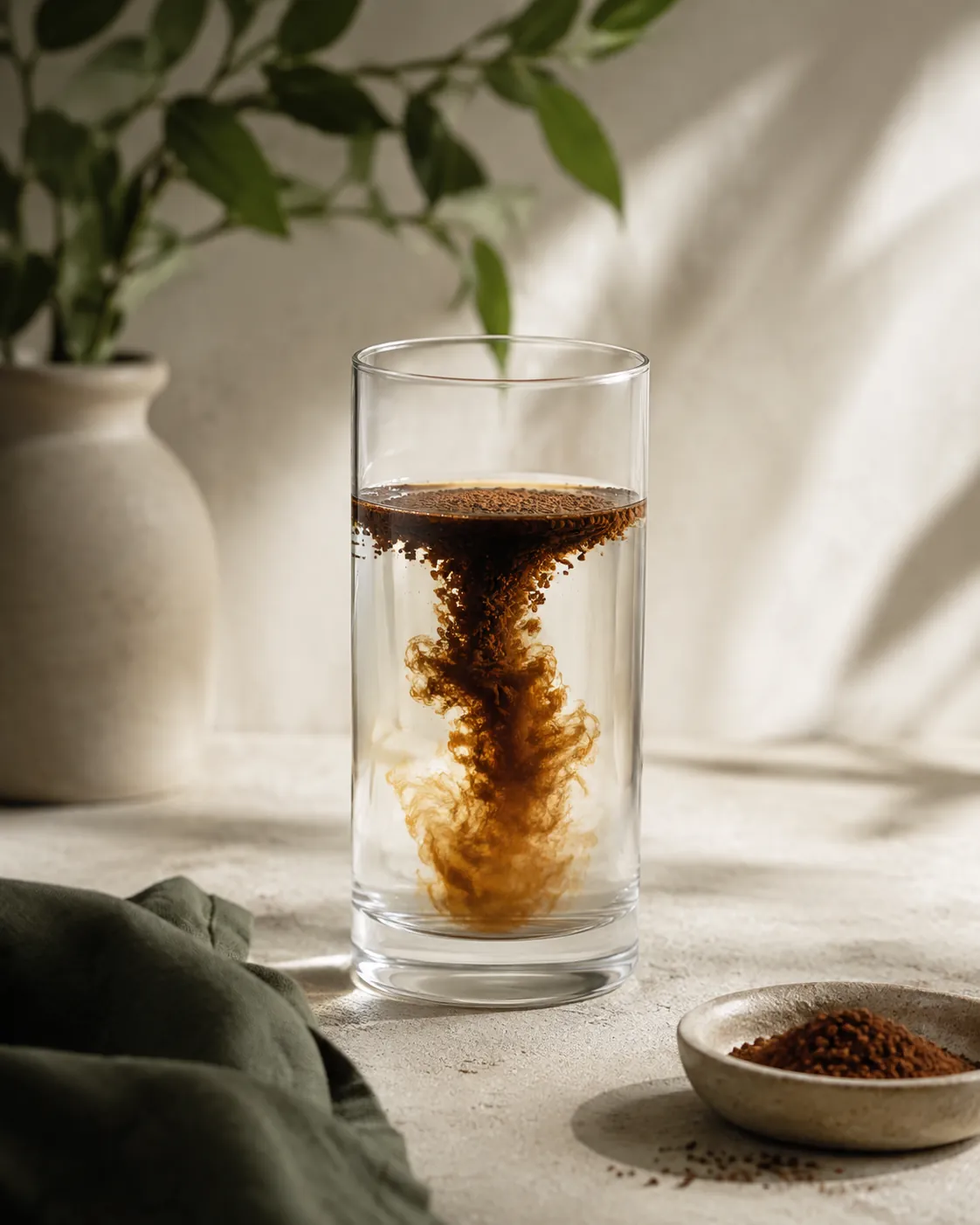 A glass of cold water with instant coffee partly dissolved, a dark plume descending through the clear liquid