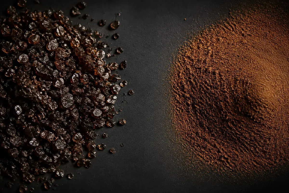 Two heaps on a dark dish: irregular glassy dark freeze-dried granules on the left, fine uniform brown spray-dried powder on the right