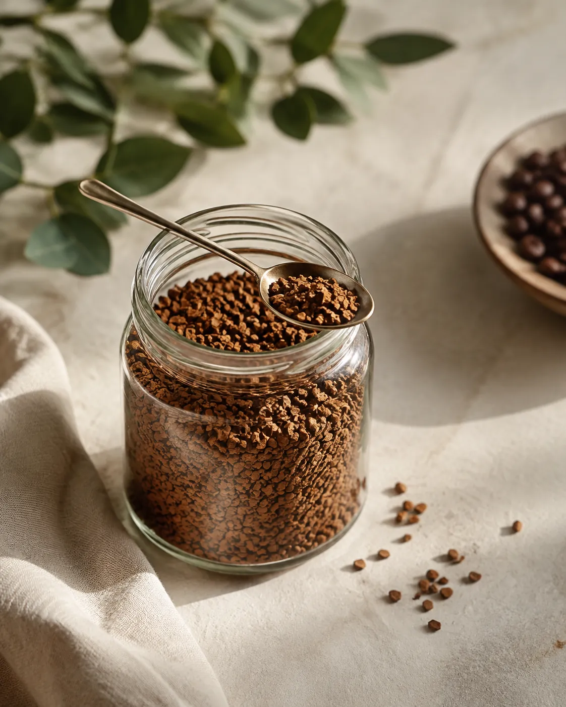 An open jar of instant coffee granules with a spoon resting across the rim