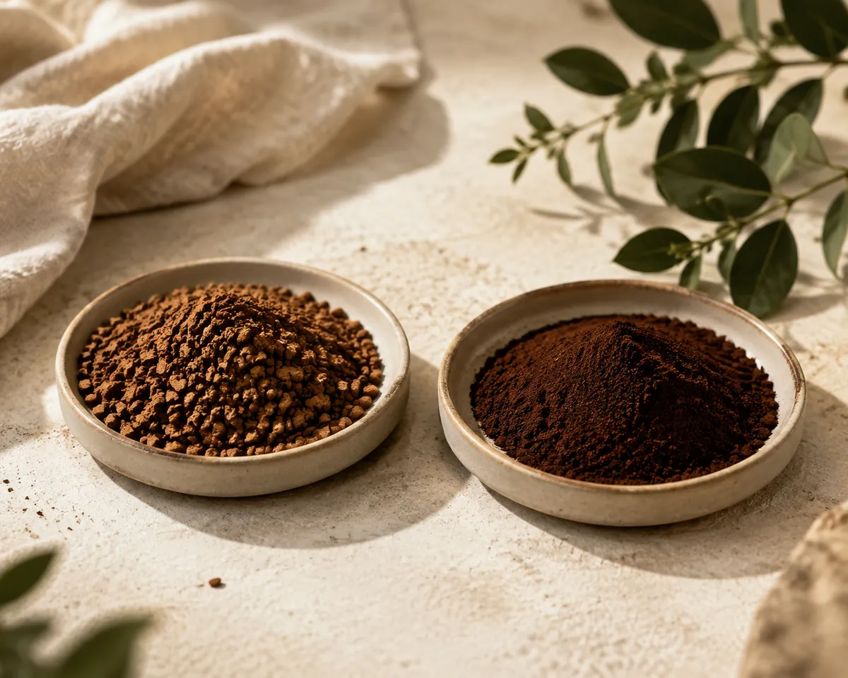 Two dishes side by side, the left coarse freeze-dried granules and the right a fine dark powder