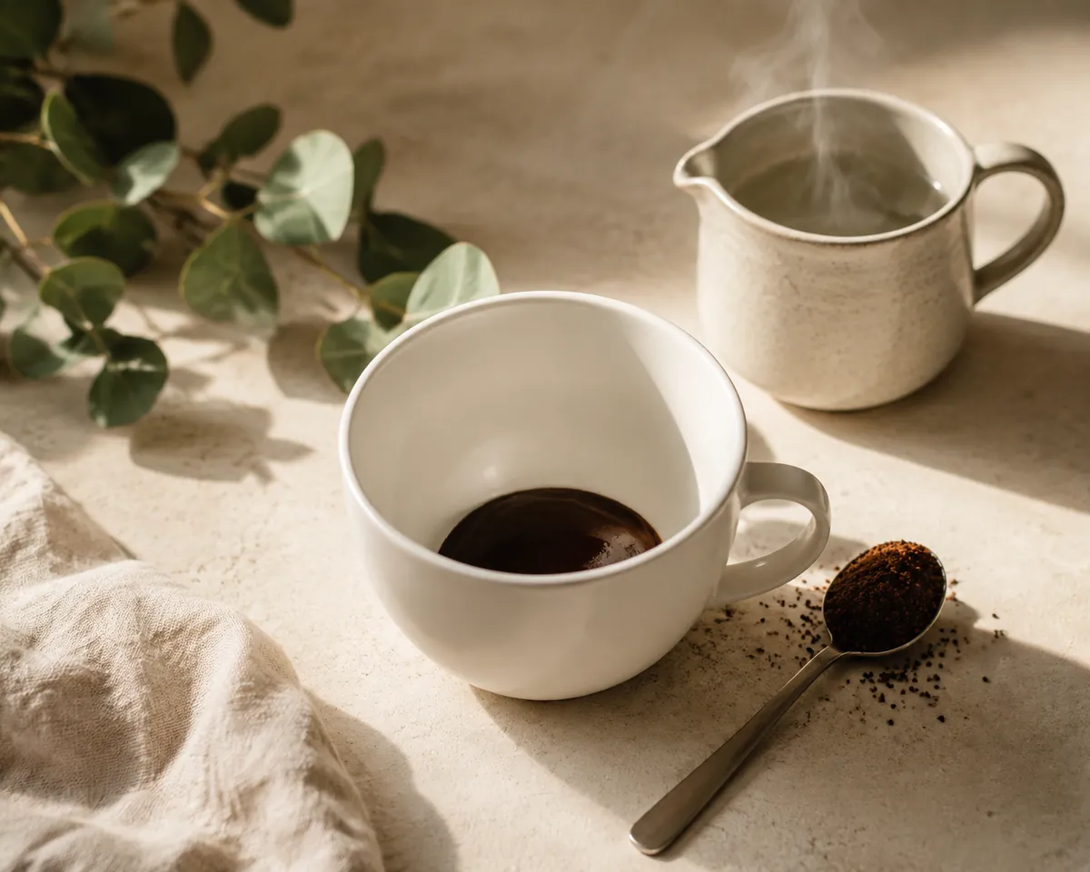 A mug holding a small pool of smooth dark coffee paste, a teaspoon heaped with granules and a jug of hot water beside it