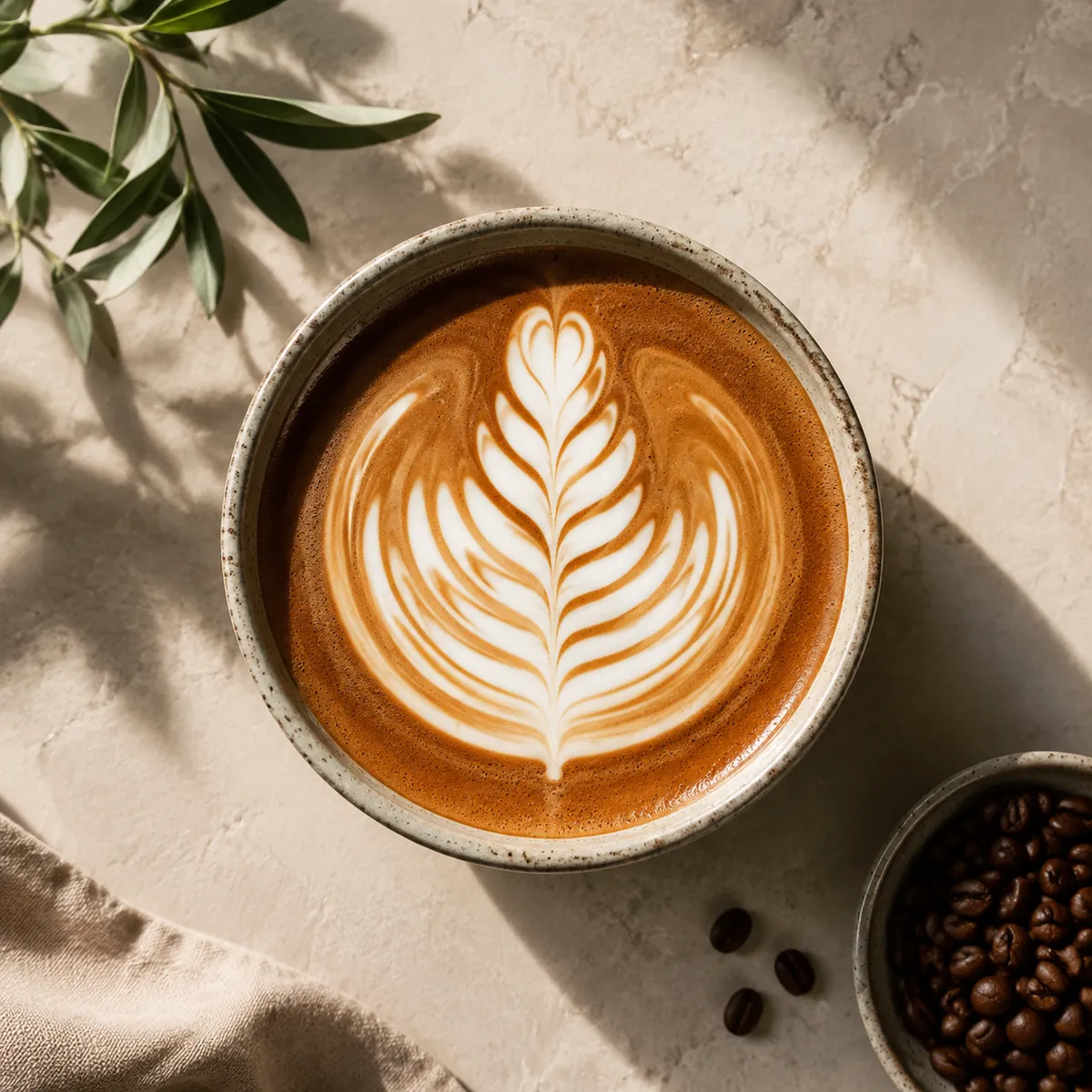 A finished rosetta poured into a wide cup, the pattern crisp against dark crema