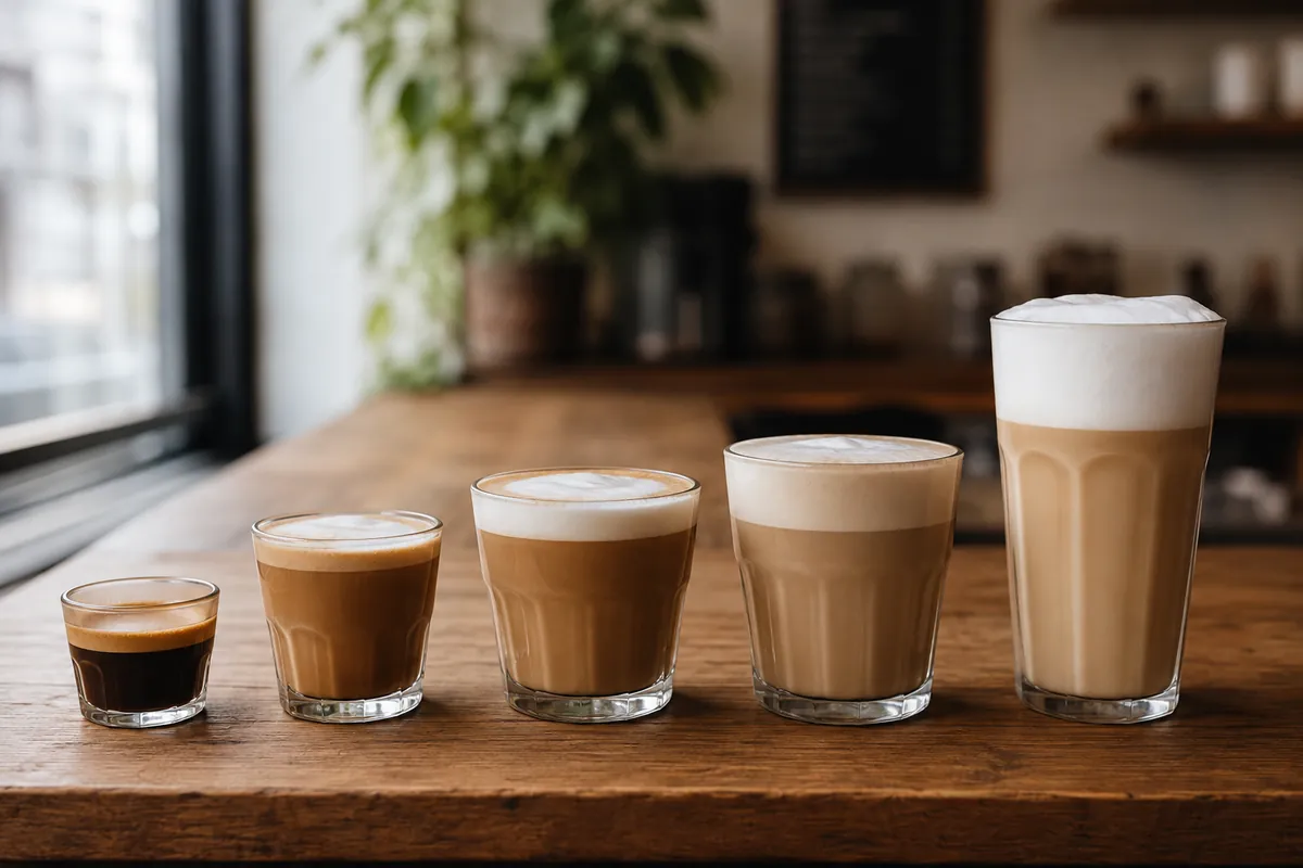 Four milk coffees in a row, from a small dark cortado through flat white and latte to a tall milky glass
