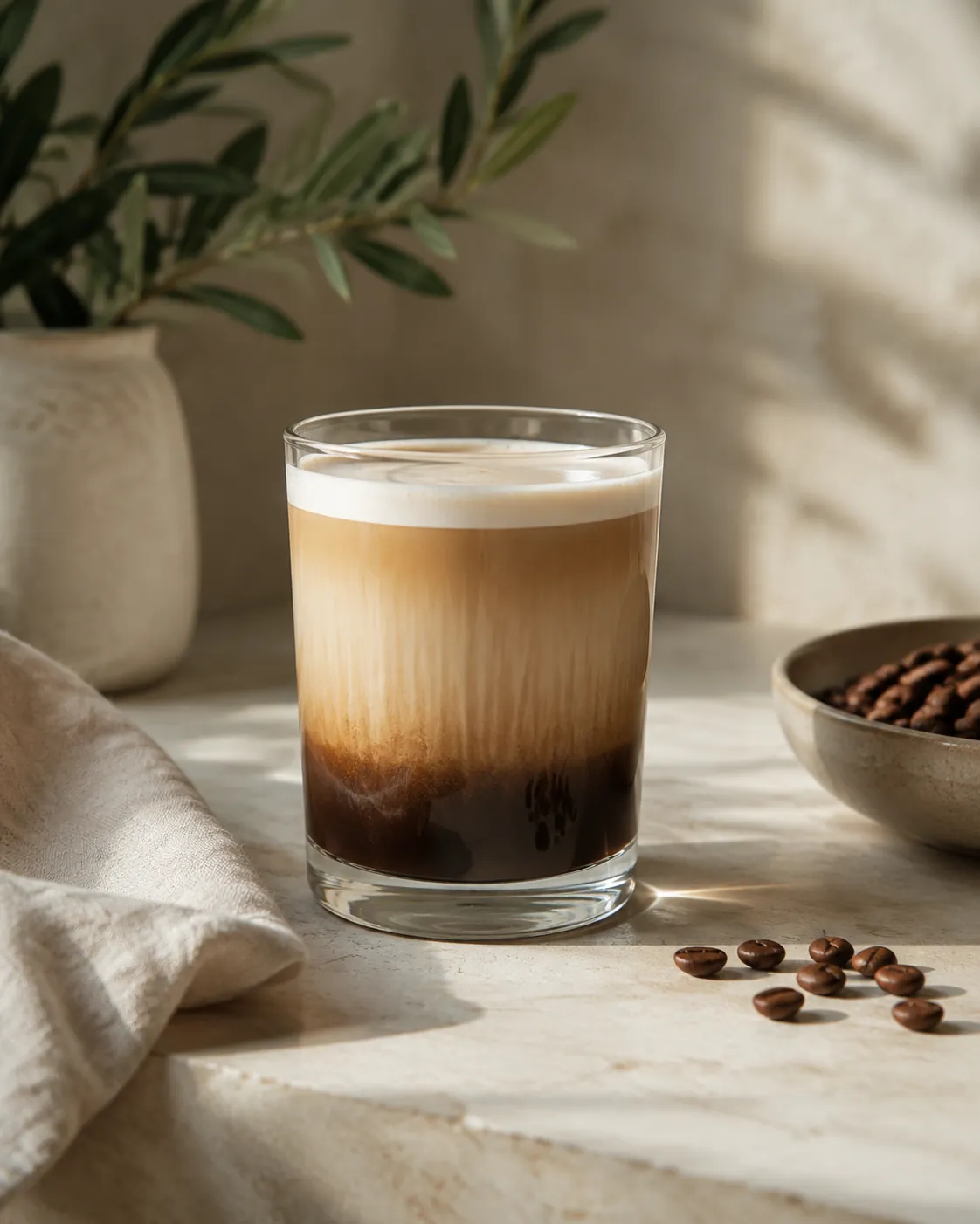 A clear glass latte showing a dark base, a lighter milk band and a thin foam cap