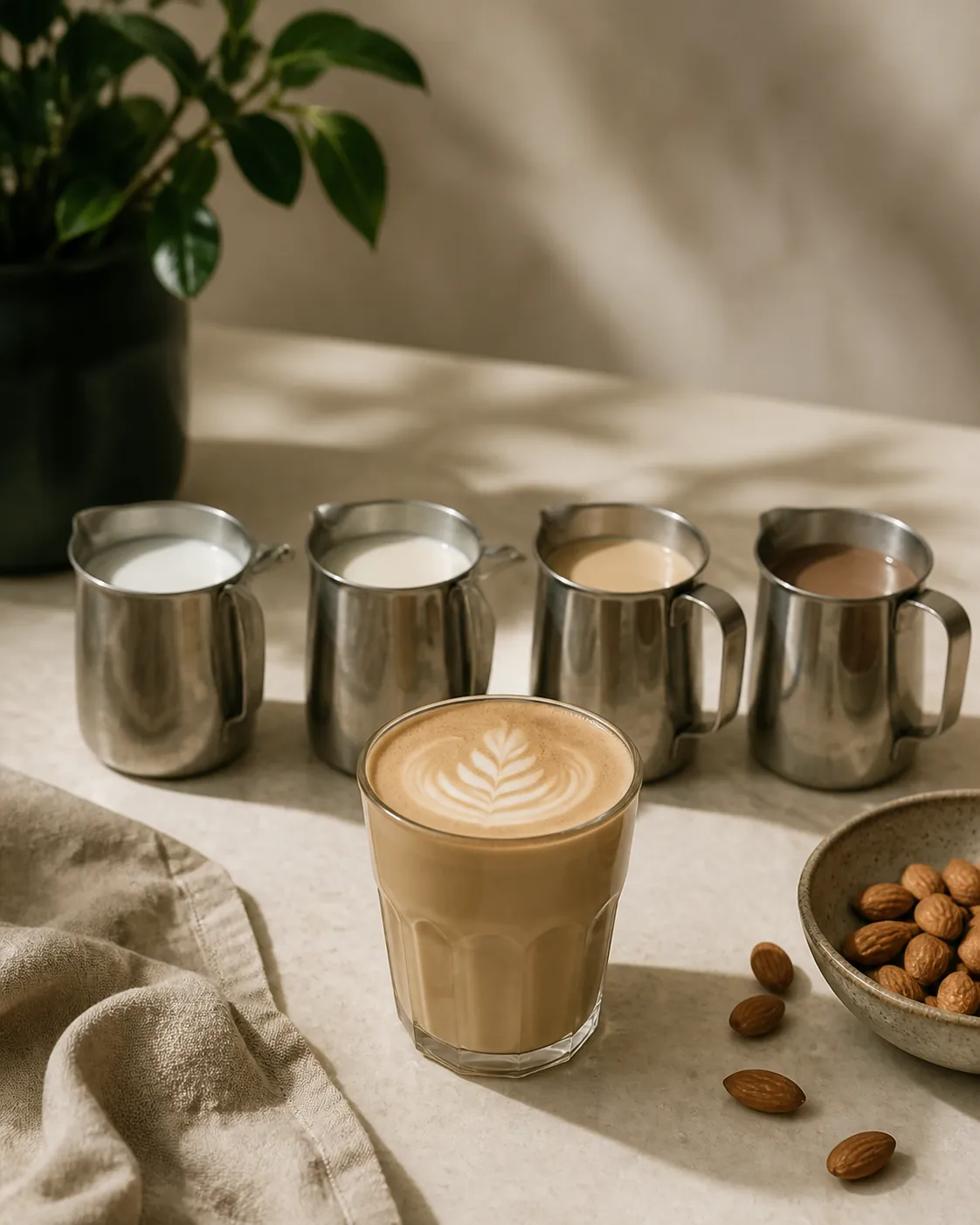 Four small jugs of different milks standing behind a filled latte glass