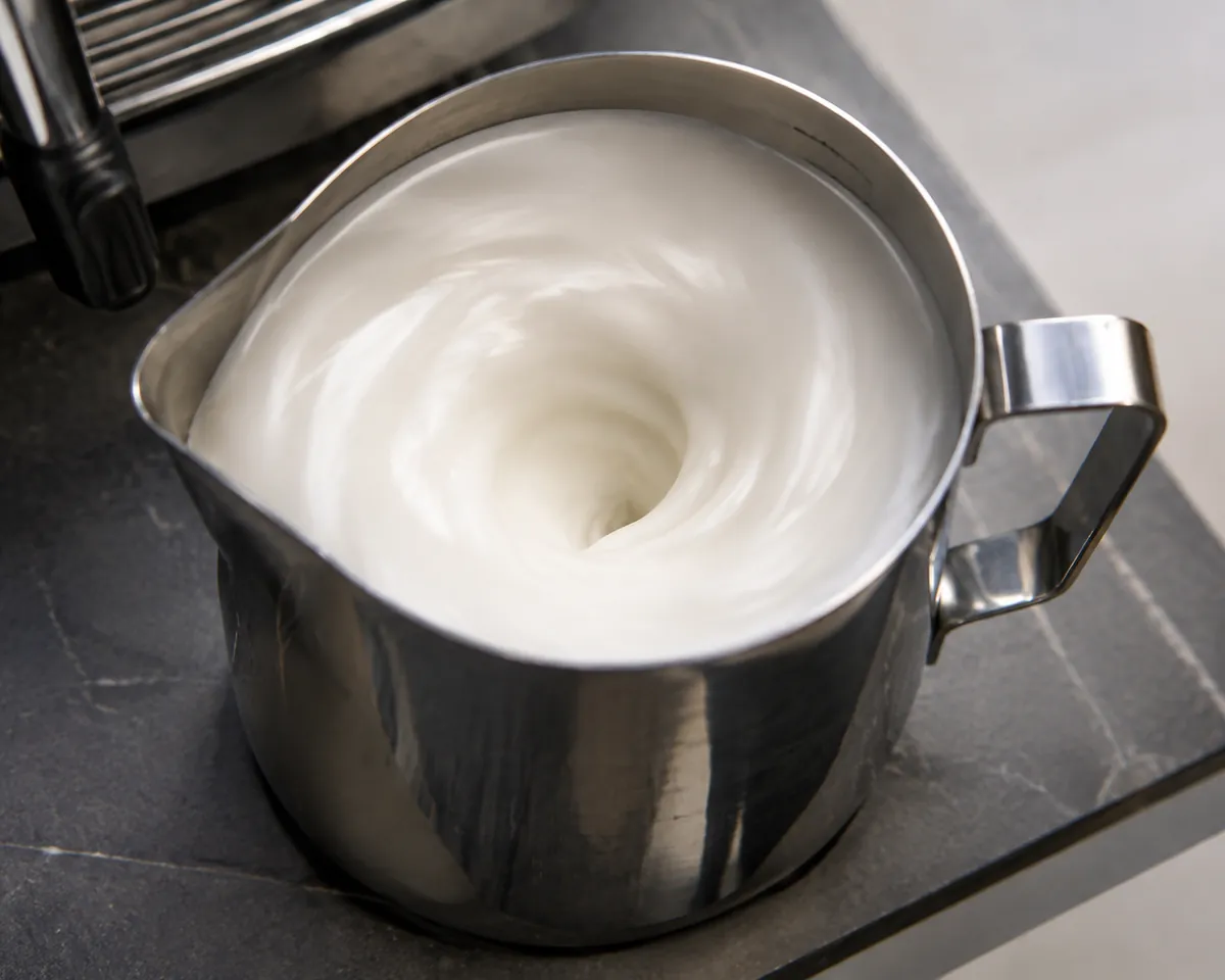 A stainless steel milk jug holding a glossy white vortex of textured microfoam spinning in it, a steam wand at the edge