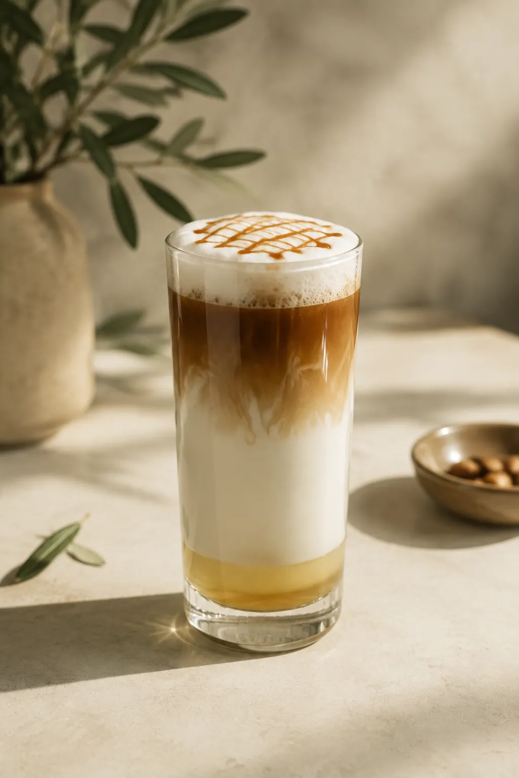 A tall glass of caramel macchiato with syrup at the base, steamed milk above it, dark espresso poured over the top and a caramel drizzle across the foam