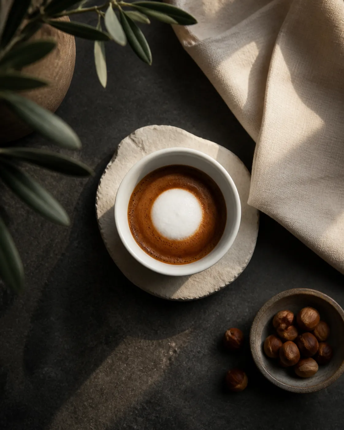 An espresso macchiato from above, a single spoon of white foam on dark crema