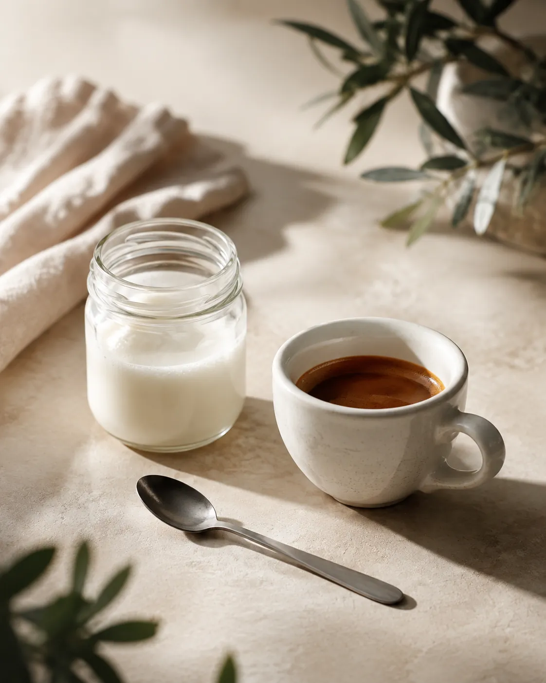 A small glass jar of frothed milk, a teaspoon and a warmed white espresso cup holding a fresh shot, on a wooden counter