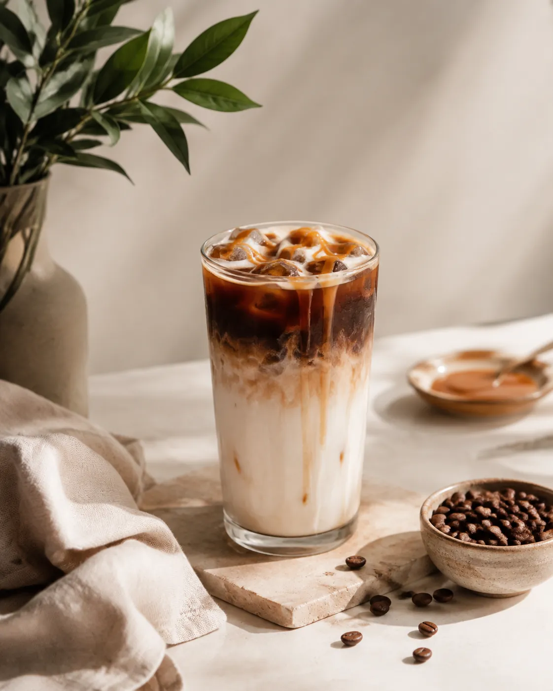 A tall iced macchiato with espresso poured over the milk and sauce drizzled on top