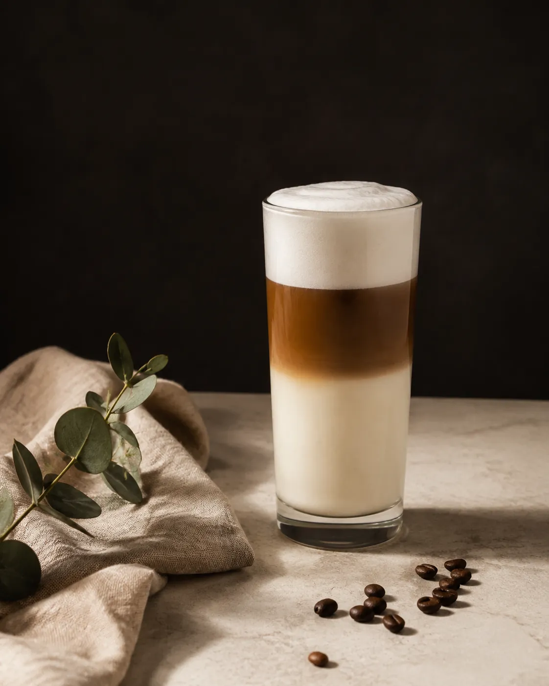 A tall glass of latte macchiato with three visible bands of foam, coffee and milk