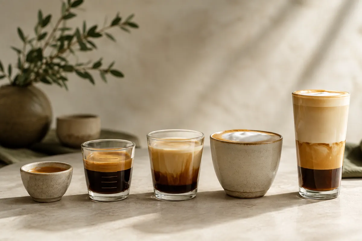 Five coffee cups in a row on a counter, from a tiny espresso cup up to a tall latte glass, each filled to show how much milk it carries