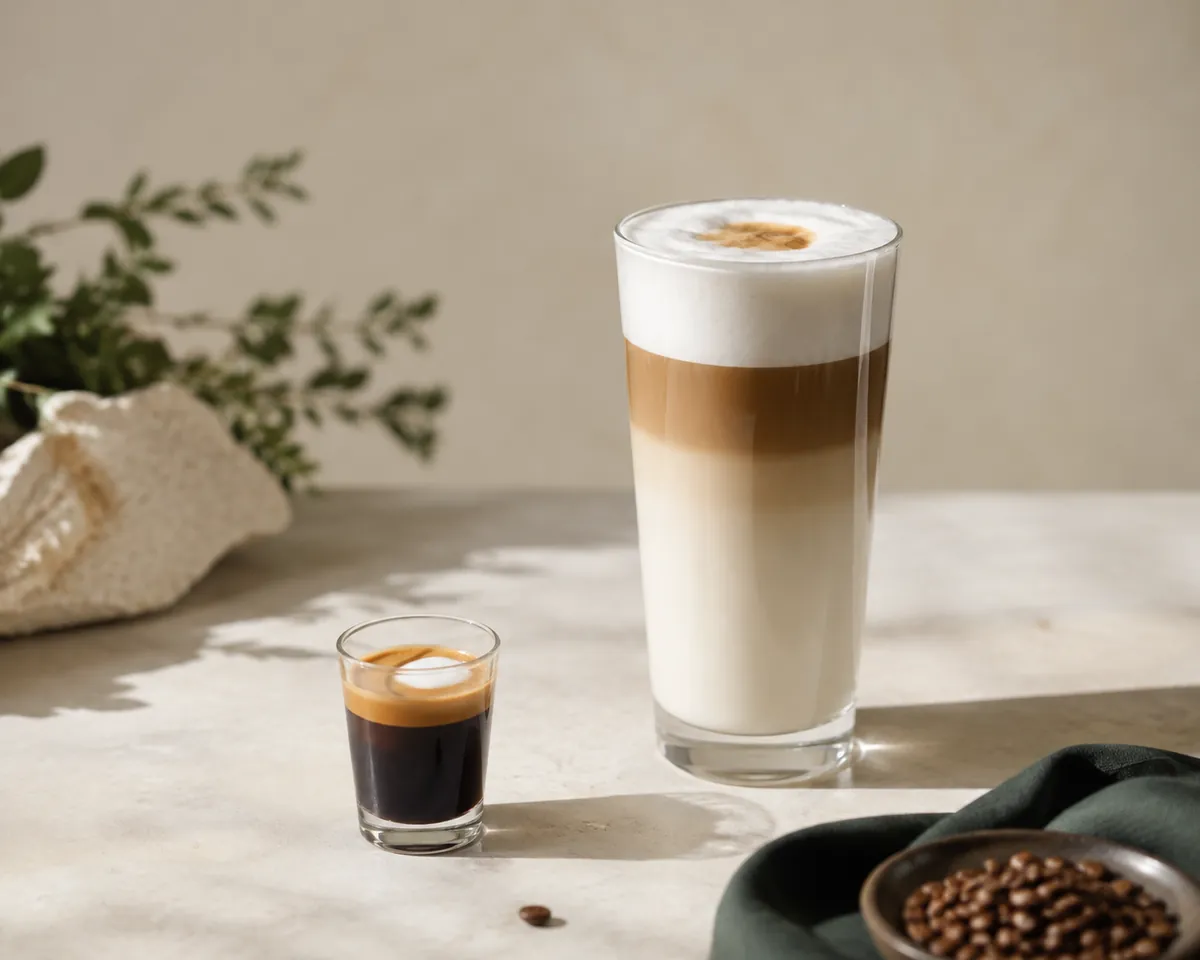 A small espresso macchiato beside a tall latte macchiato in a glass, the layers clearly separated in the taller drink