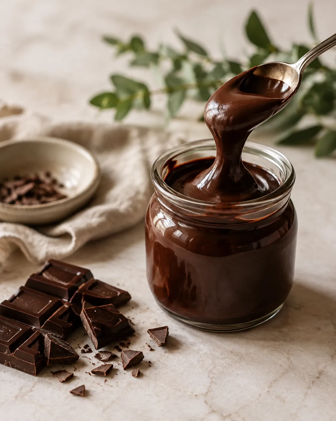 A small glass jar of thick dark chocolate ganache with a spoon lifting some, beside a chopped dark chocolate bar on a pale surface