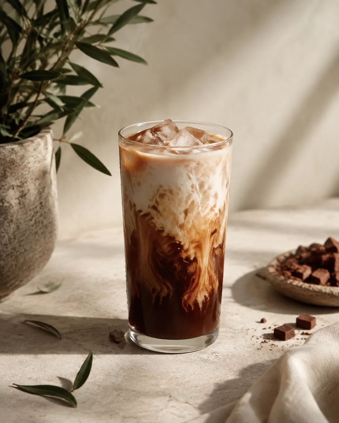 A tall glass of iced mocha, dark chocolate coffee at the bottom and cold milk poured over ice above it, the two still marbling