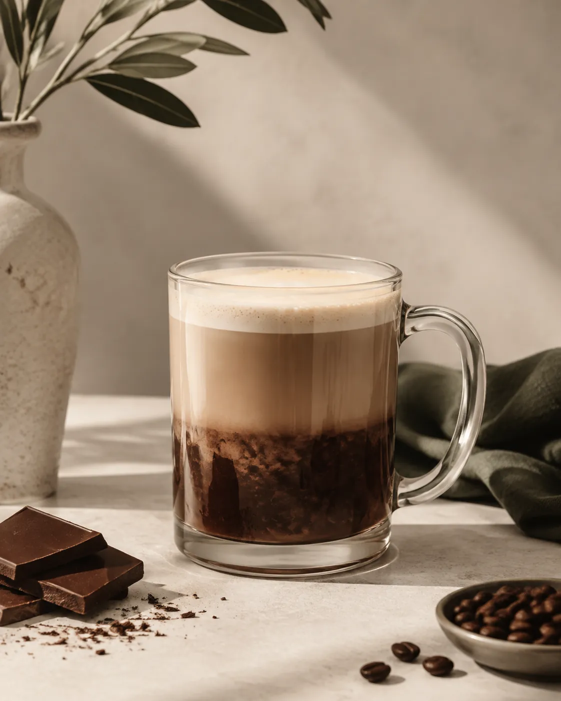 A clear glass mug of mocha in section, dark chocolate and espresso at the base beneath a band of milk and a thin pale foam