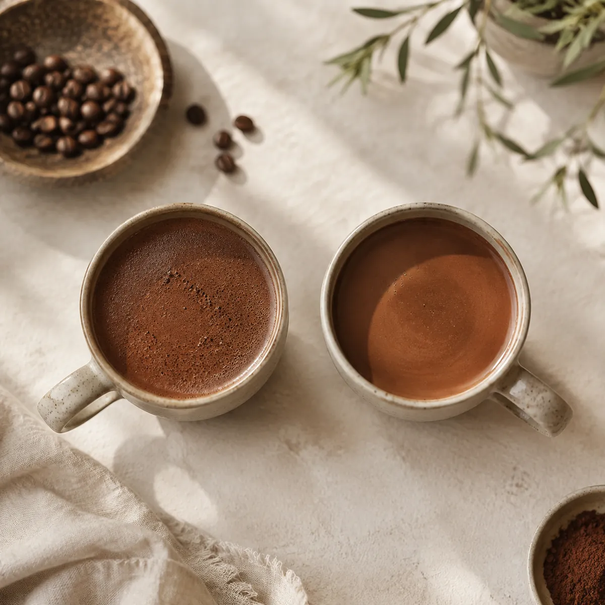 A mocha with a slightly grainy surface beside a smooth one, the difference visible at the edge