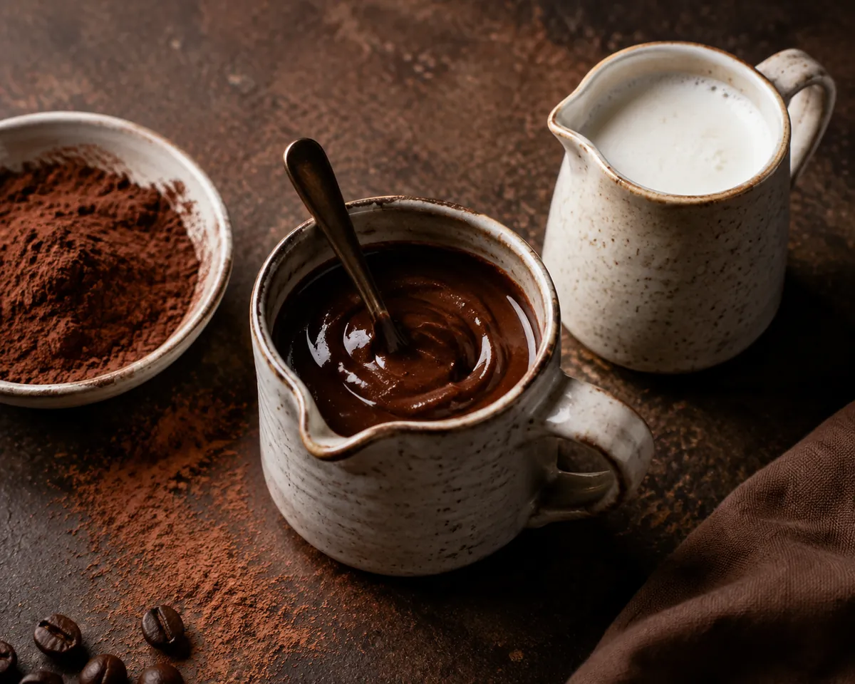 A jug of smooth dark chocolate and espresso paste being stirred, beside a dish of cocoa powder and a jug of steamed milk