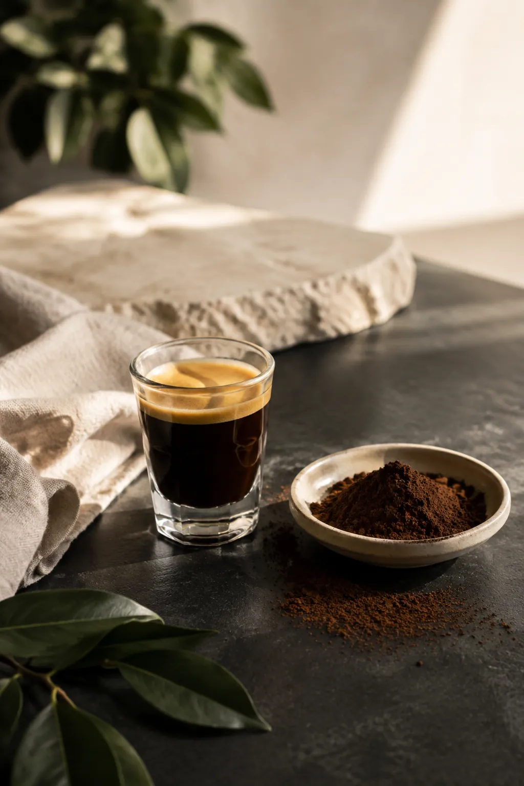 A filled espresso shot beside a small dish of cocoa powder on a dark counter