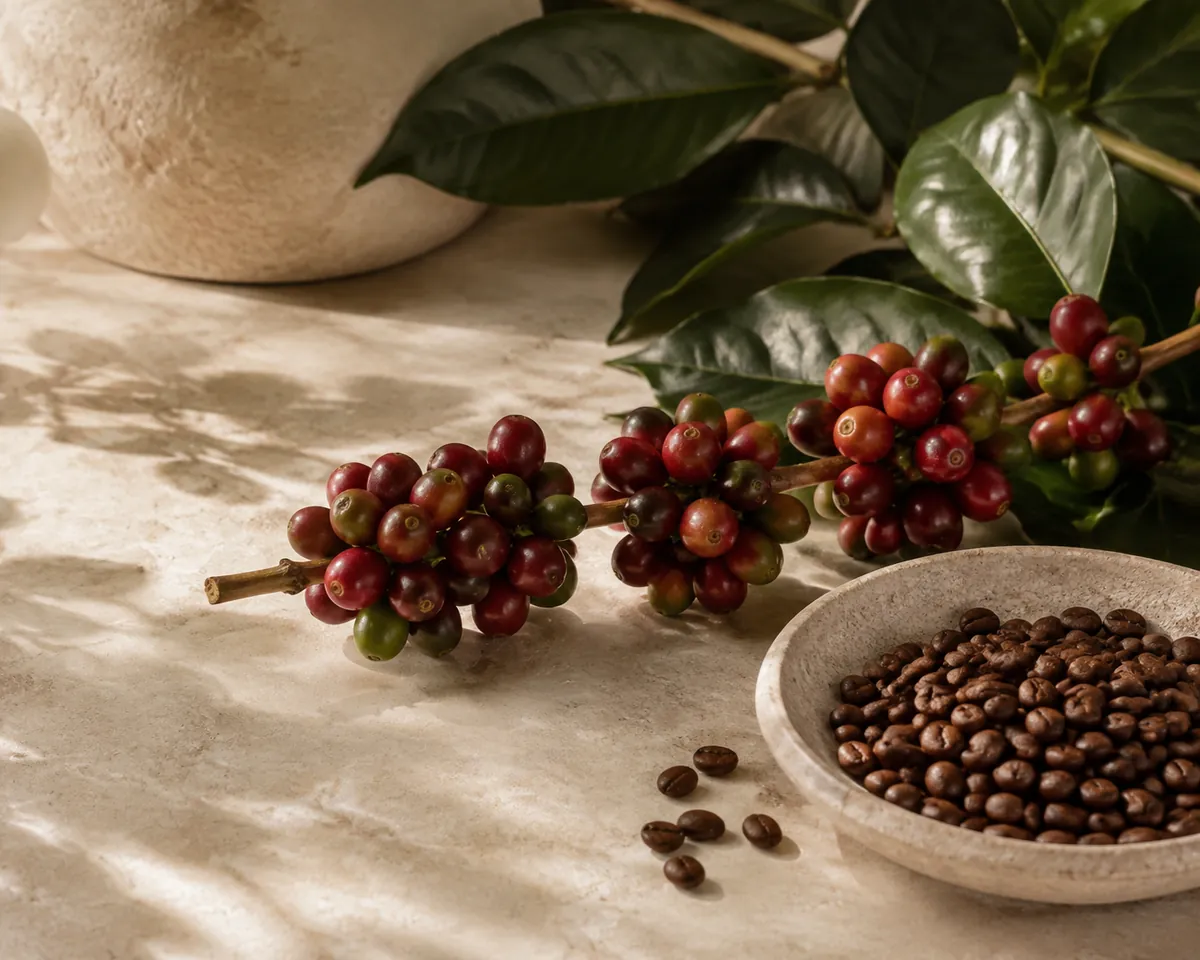 Coffee cherries on a low branch in flat lowland shade, dense clusters of red and green fruit