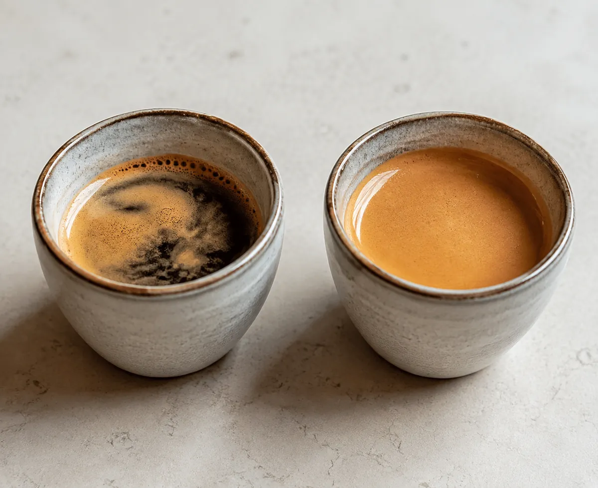 Two espresso cups side by side, the left with a thin pale crema already breaking and the right with a thick dense hazel layer