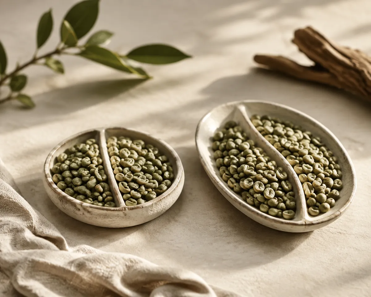 Two shallow dishes of green coffee beans, the left smaller and rounder with a straight centre crease, the right longer and oval with a curved crease
