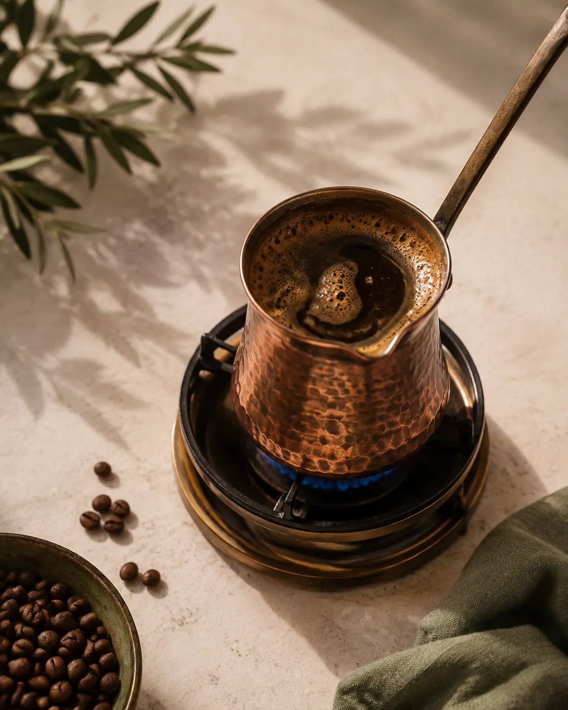 Looking down into a copper cezve on a low flame, a ring of pale foam forming around the edge of the dark coffee