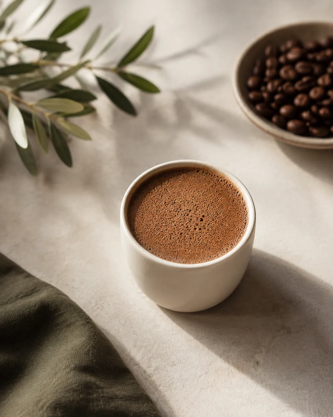 A small cup of Turkish coffee with a thick even layer of pale brown foam covering the whole surface