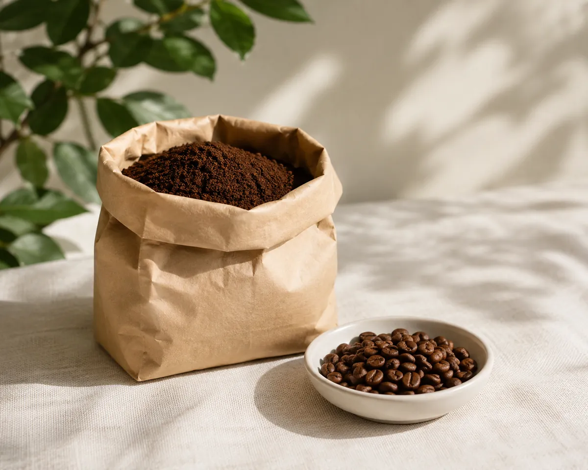 A mound of powder-fine ground coffee in an open plain paper bag beside a dish of whole medium-roast beans
