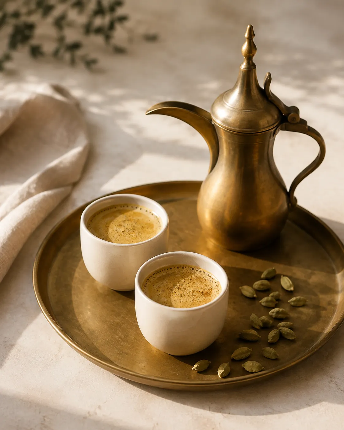 Pale gold spiced coffee in small handleless cups beside a scatter of whole green cardamom pods