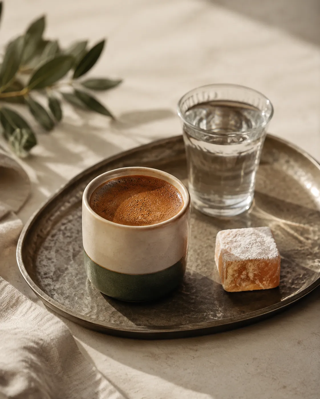 A small cup of Turkish coffee on a tray with a glass of water and a piece of Turkish delight