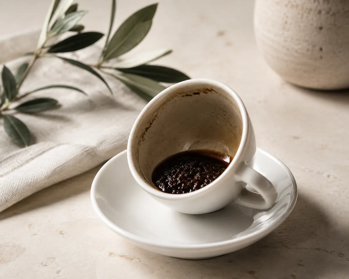 A small finished cup tilted to show a compacted layer of dark grounds at the bottom