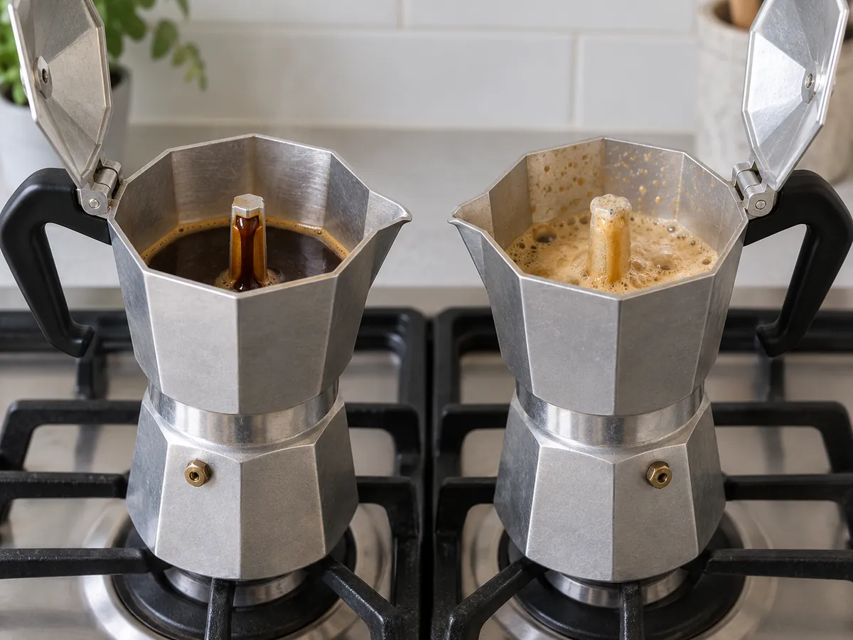 Two moka pot chambers show a smooth dark coffee stream and a pale bubbly final gurgle