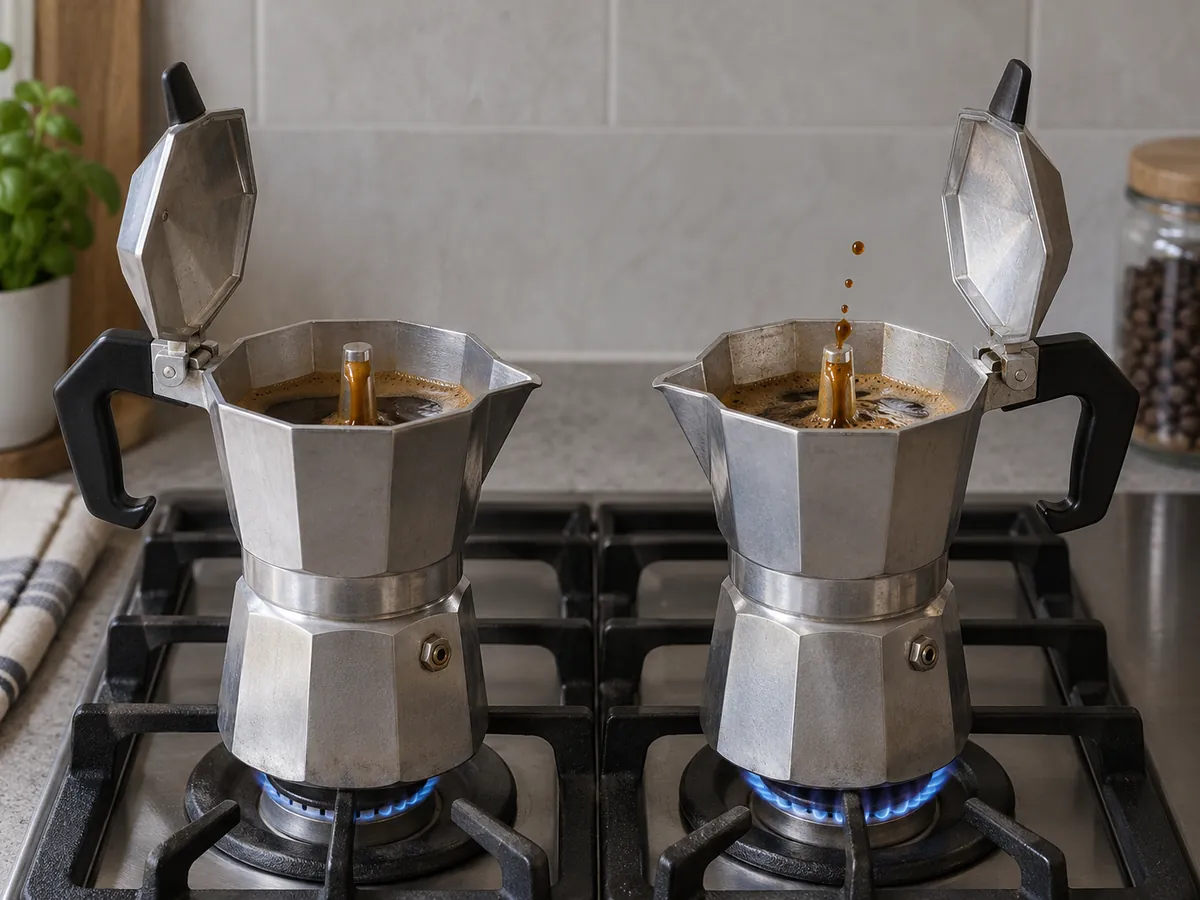 Two moka pots compared with a slow dark stream and an aggressive broken pale stream