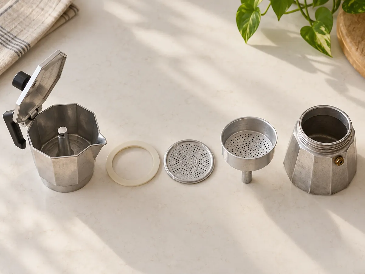 Cooled moka pot disassembled to show the gasket, filter plate, funnel rim, and boiler lip