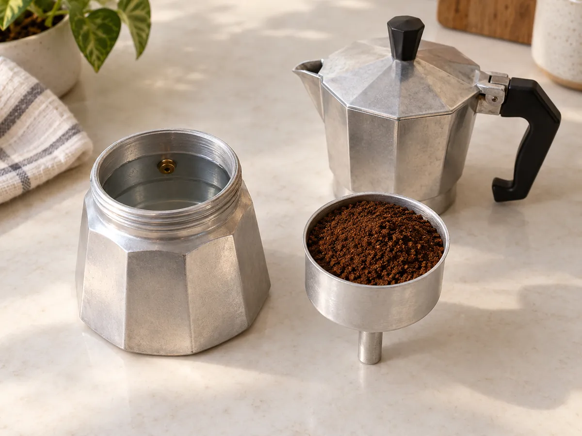 Open moka boiler filled below the safety valve beside a level untamped basket of coffee