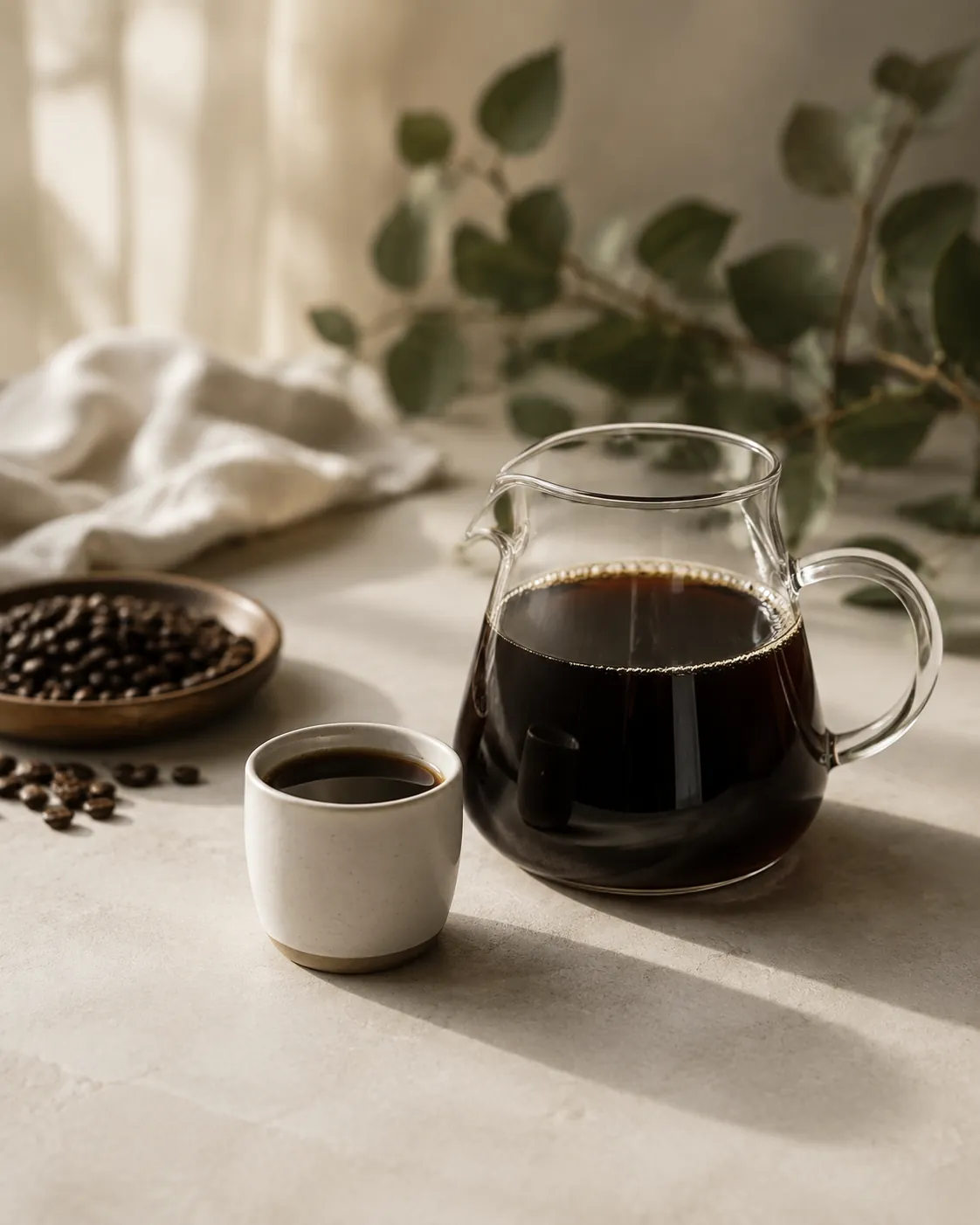 A single small cup of black coffee beside a full glass carafe of the same coffee