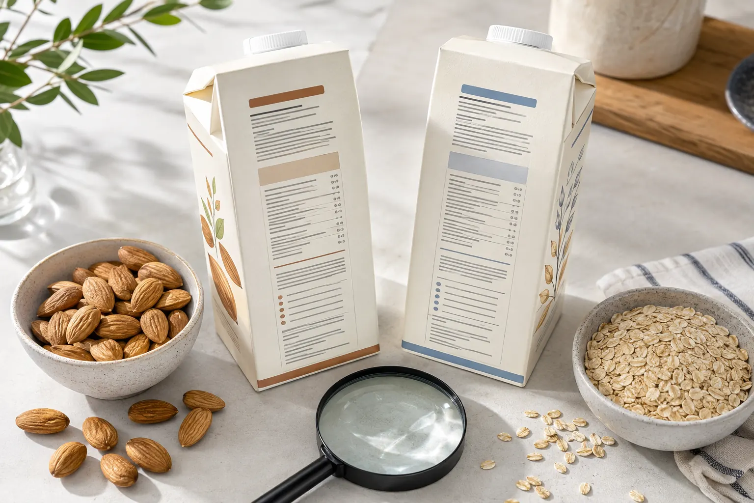 Two plain plant-drink cartons viewed from the ingredient-panel side beside separate bowls of almonds and oats and a magnifying glass