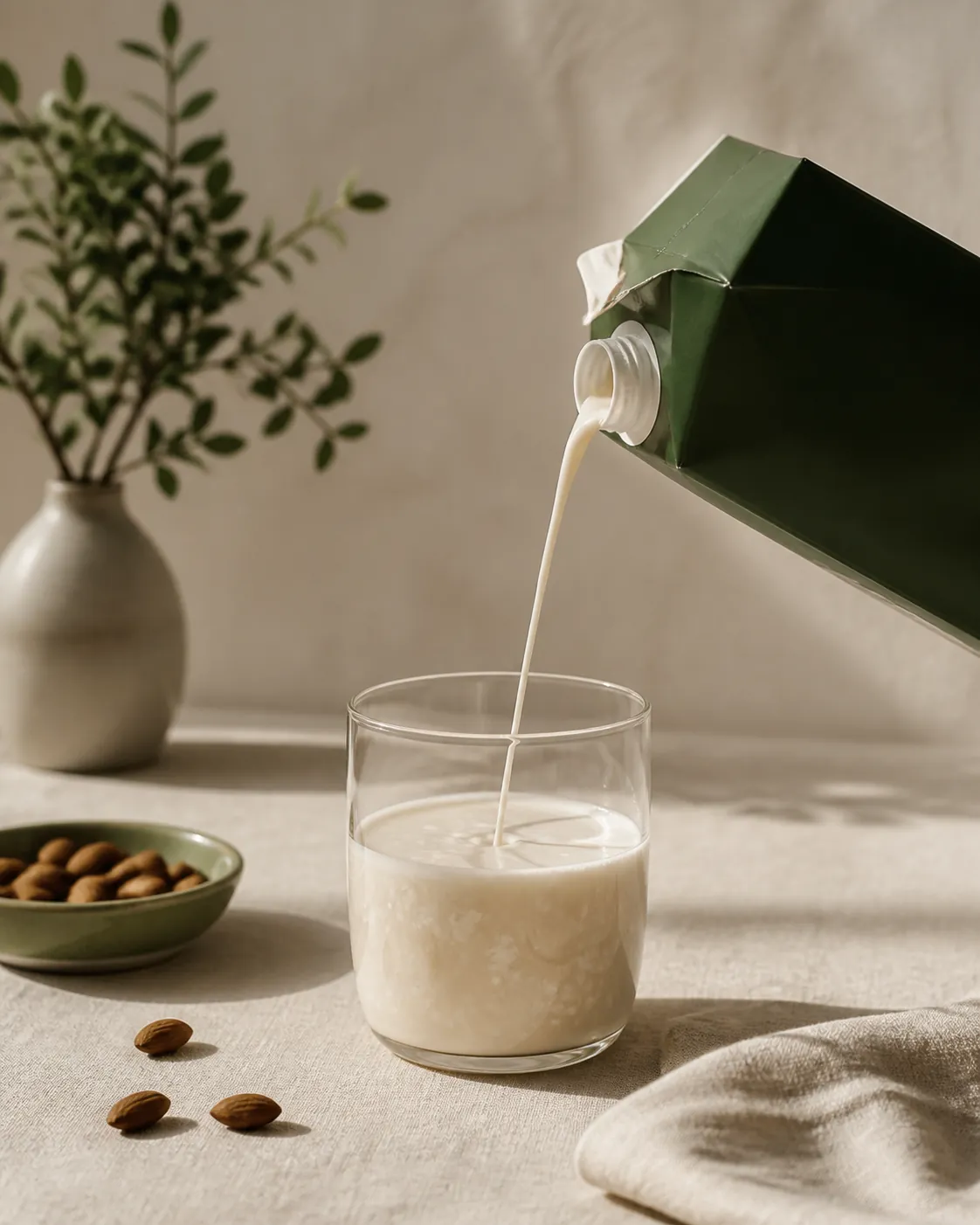 A glass of plant drink carrying visible curdled flecks beside an open carton pouring a thin separated stream