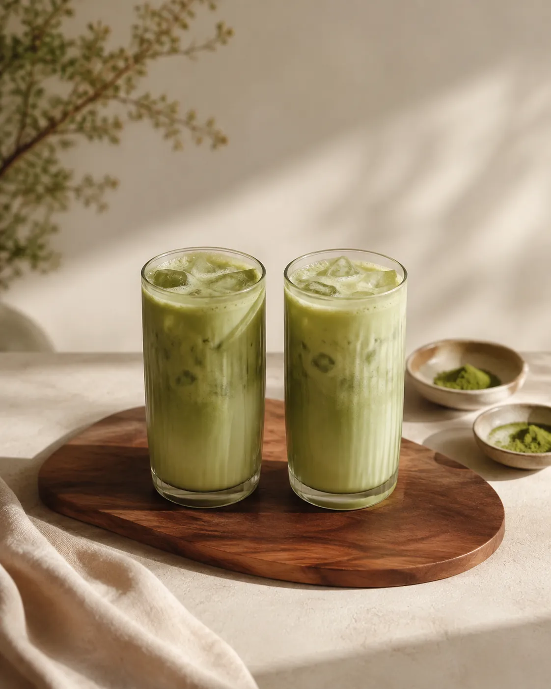 Two tall glasses of matcha latte side by side, near identical in colour, with two small dishes of powder behind them