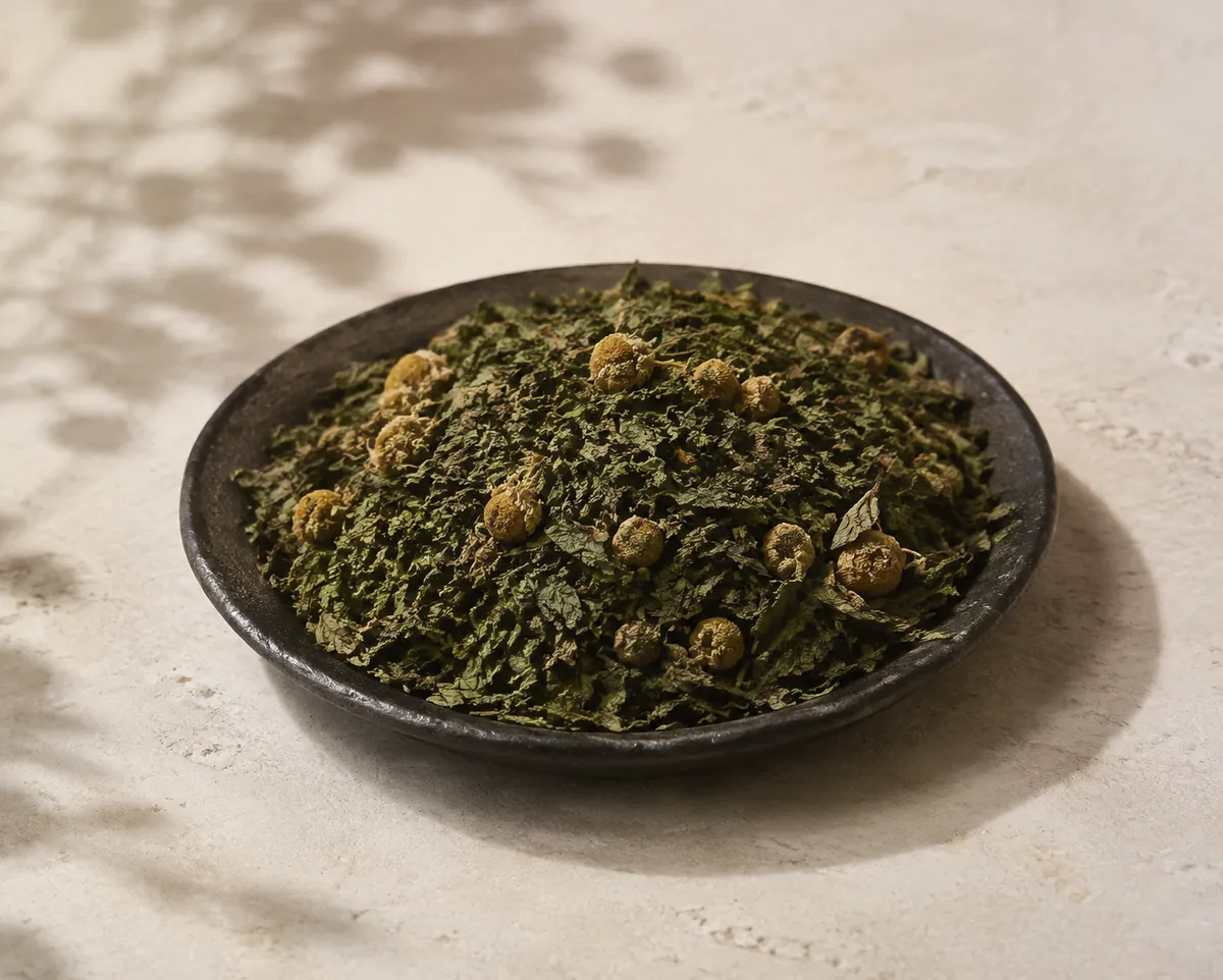 A dish holding whole dried chamomile flower heads and cut green peppermint leaf mixed together, the mint dominating the volume