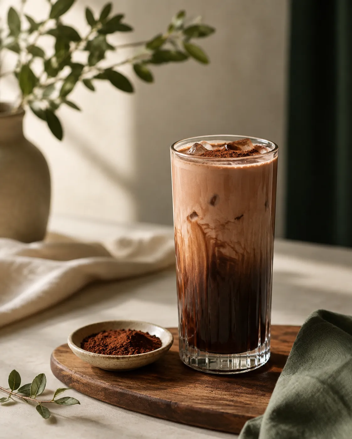 A tall glass of layered mocha with dark coffee below and cocoa-tinted milk above, a dish of dark powder beside it