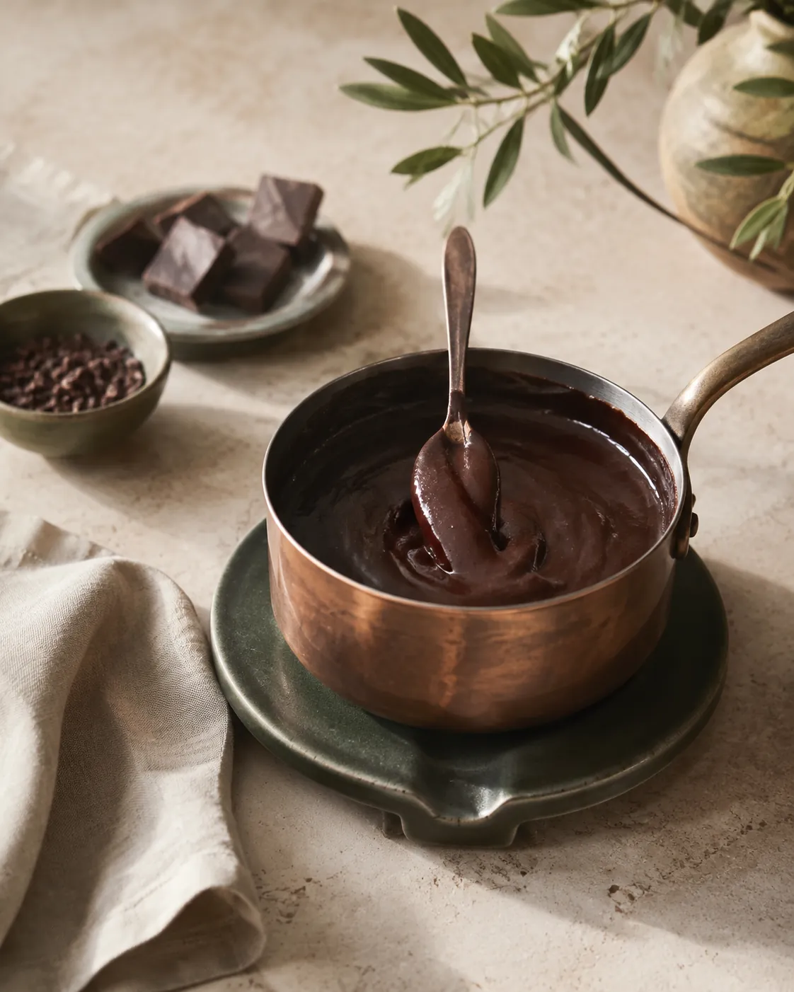 A saucepan of very thick dark drinking chocolate with a spoon standing in it, coated heavily enough to hold a drawn line