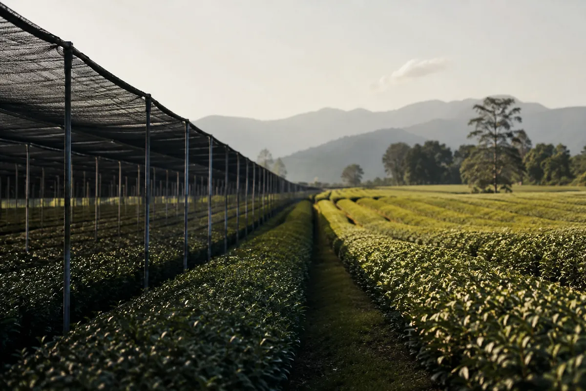Rows of low tea bushes under black shade netting on the left and open sunlit rows of tea bushes on the right