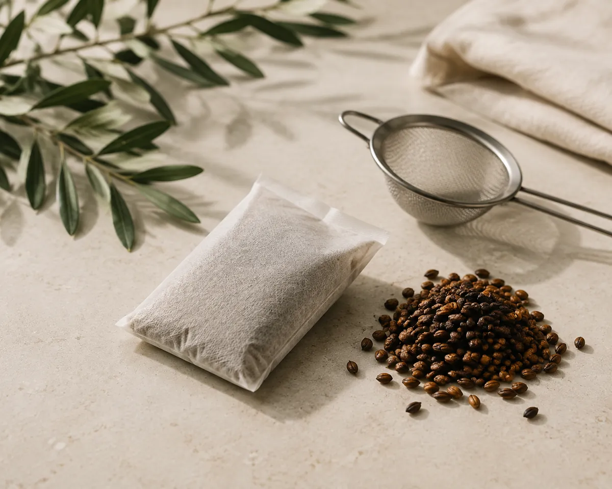 A plain unmarked paper teabag of ground roasted barley lying beside a heap of whole roasted grain and a small mesh strainer