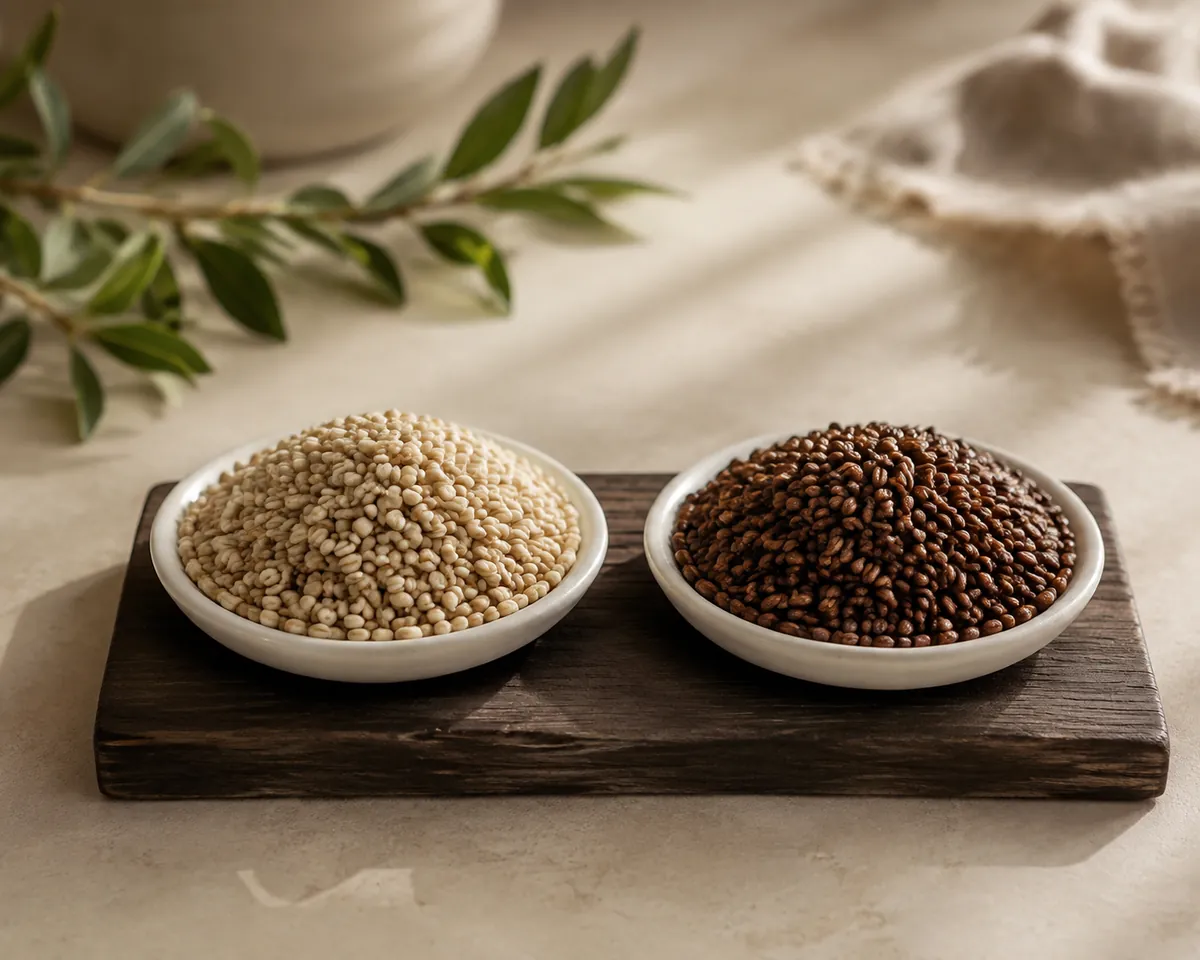Two small dishes side by side, the left holding pale straw-coloured raw barley grains and the right deep brown roasted ones