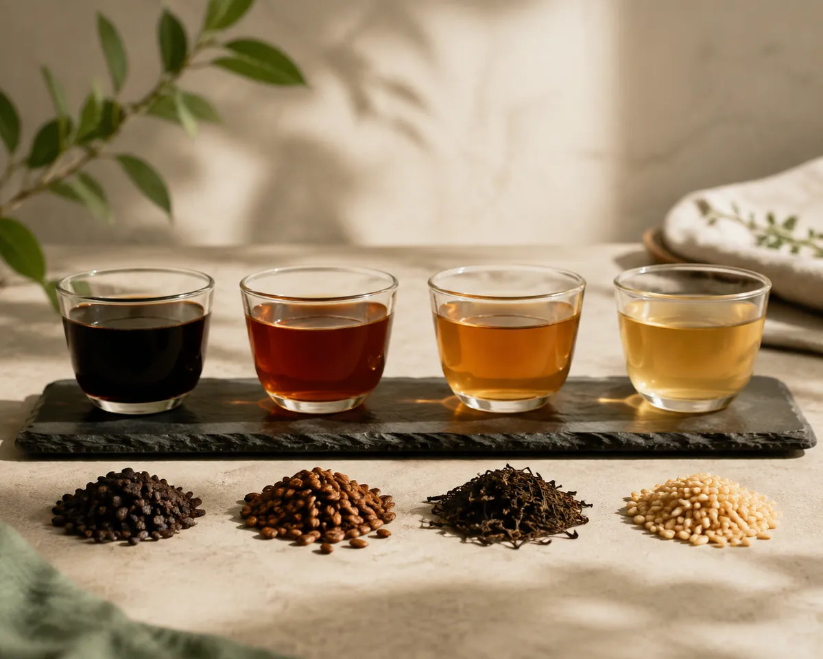 Four small glass cups in a row, the liquor running from near-black chicory through deep amber barley to pale gold roasted rice tea