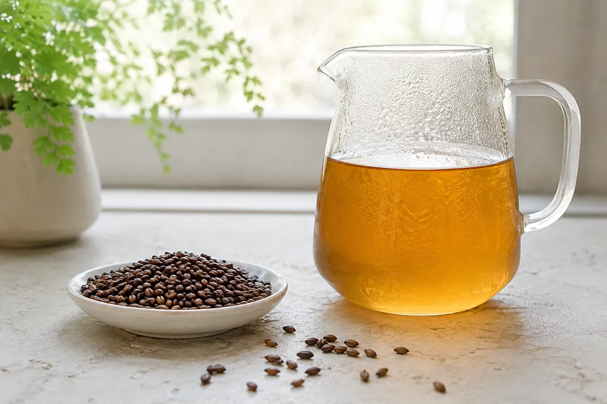 Dark roasted barley grains beside a glass pitcher of amber barley tea